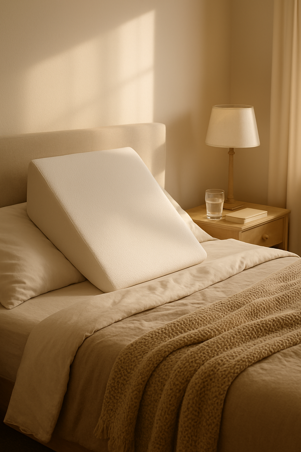 Memory foam wedge pillow on a cozy bed for comfortable elevated rest after breast surgery