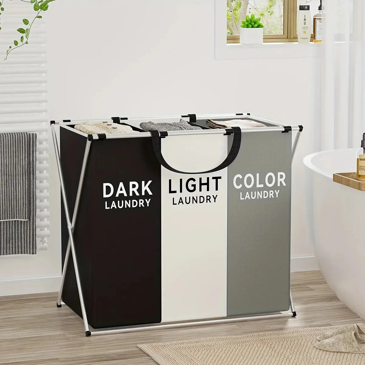 1 PC Large Laundry Hamper 3 Sections Divided Laundry Basket Foldable Washing Bin Dirty Cloth Storage Bag - Velvet Haven