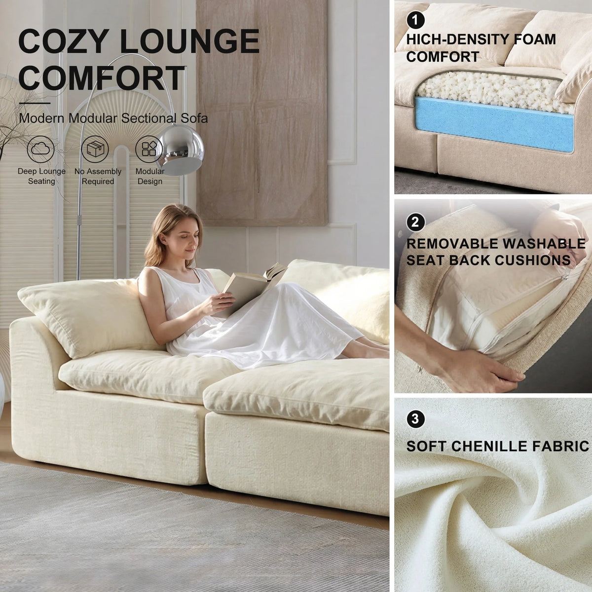 108 Inch Modern Cloud L-Shaped Fabric Sectional Sofa Bed - Velvet Haven