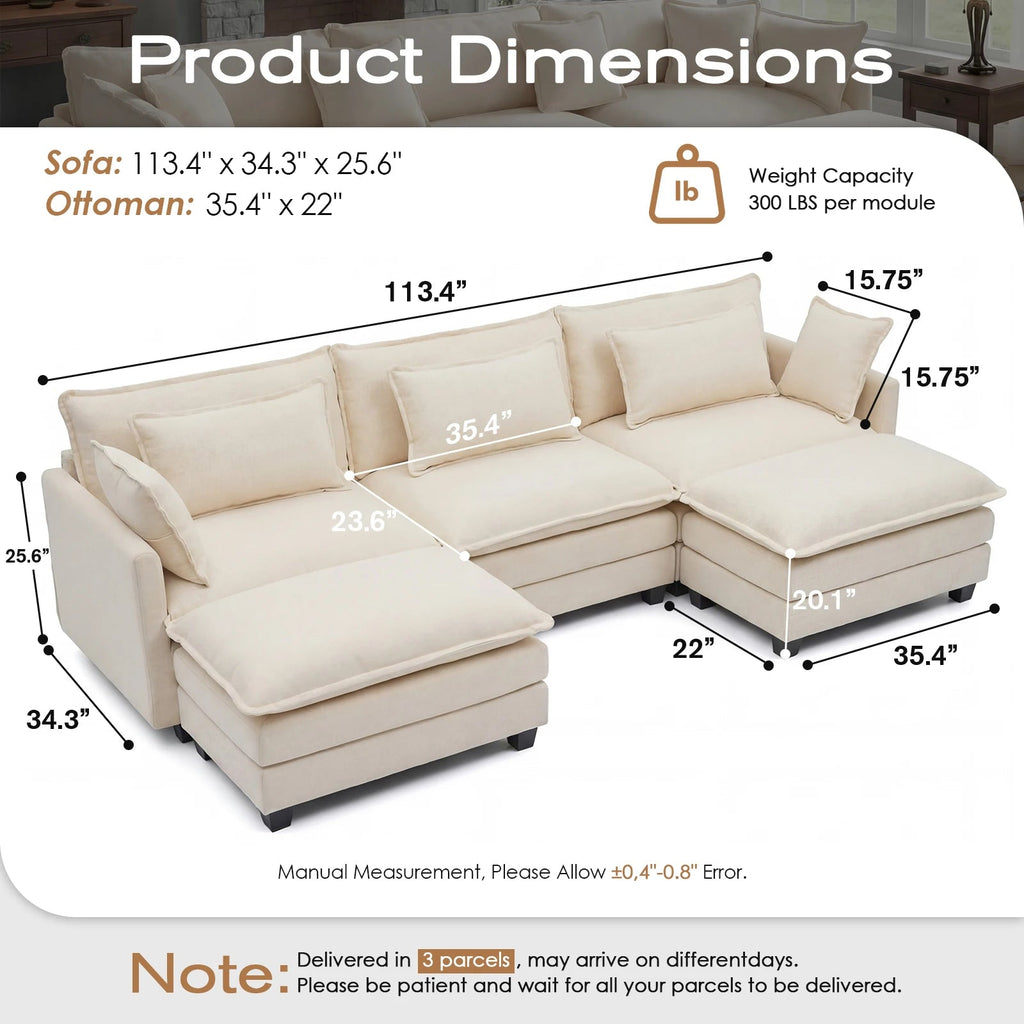 113.4 in Modular Cloud Sectional Sofa with Ottoman - Velvet Haven