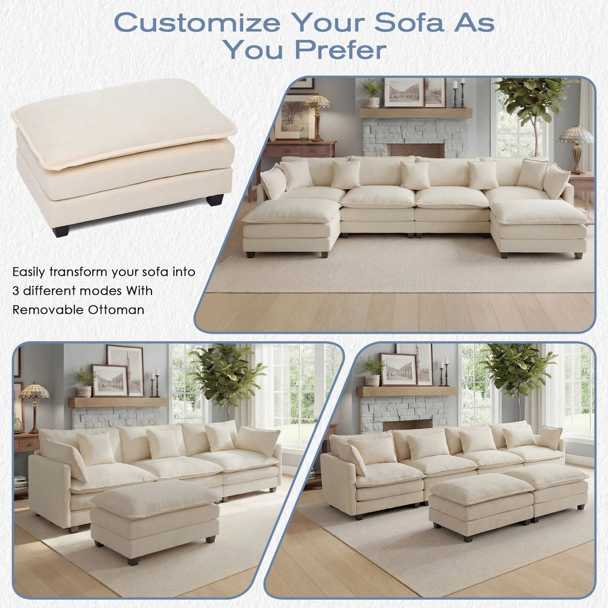 113.4 in Modular Cloud Sectional Sofa with Ottoman - Velvet Haven