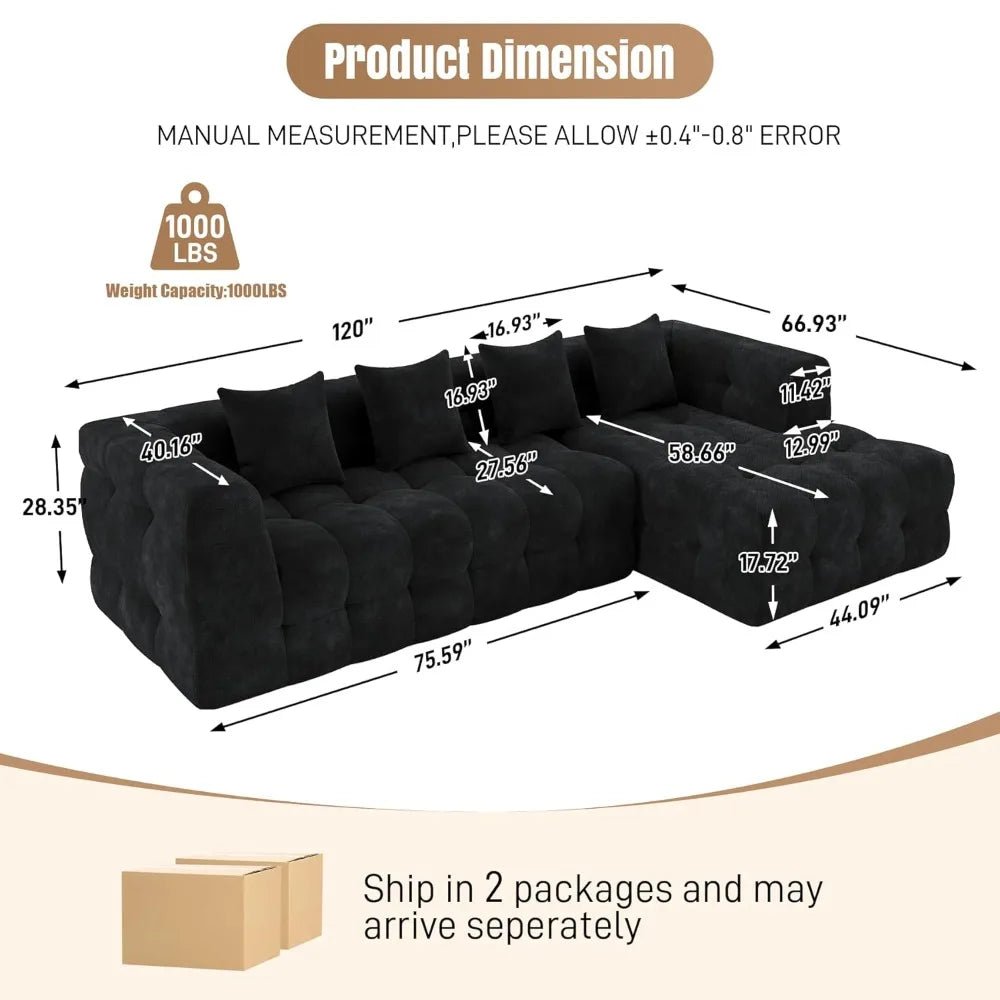 120" Boneless-Couch L-Shaped Sofa for Living Room, Cloud Couch with Chaise Lounge, Sectional Upholstered Chenille, Customized - Velvet Haven