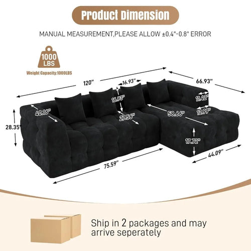 120" Boneless-Couch L-Shaped Sofa for Living Room, Cloud Couch with Chaise Lounge, Sectional Upholstered Chenille, Customized - Velvet Haven