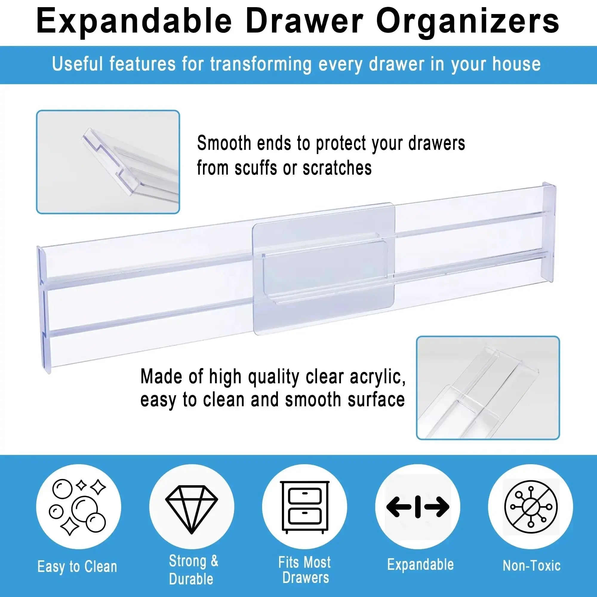 1/2/4/6/8PCS Drawer Wardrobe Dividers Organizers Expandable From Kitchen Drawer Organizer, Clear Plastic Partition Plate Tools - Velvet Haven