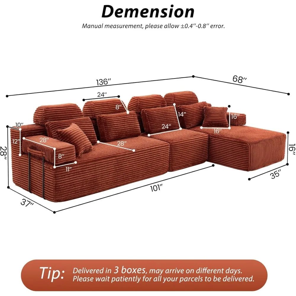 136-Inch Corduroy Modular Sectional Sofa - Reversible L-Shaped Cloud Couch - Velvet Haven