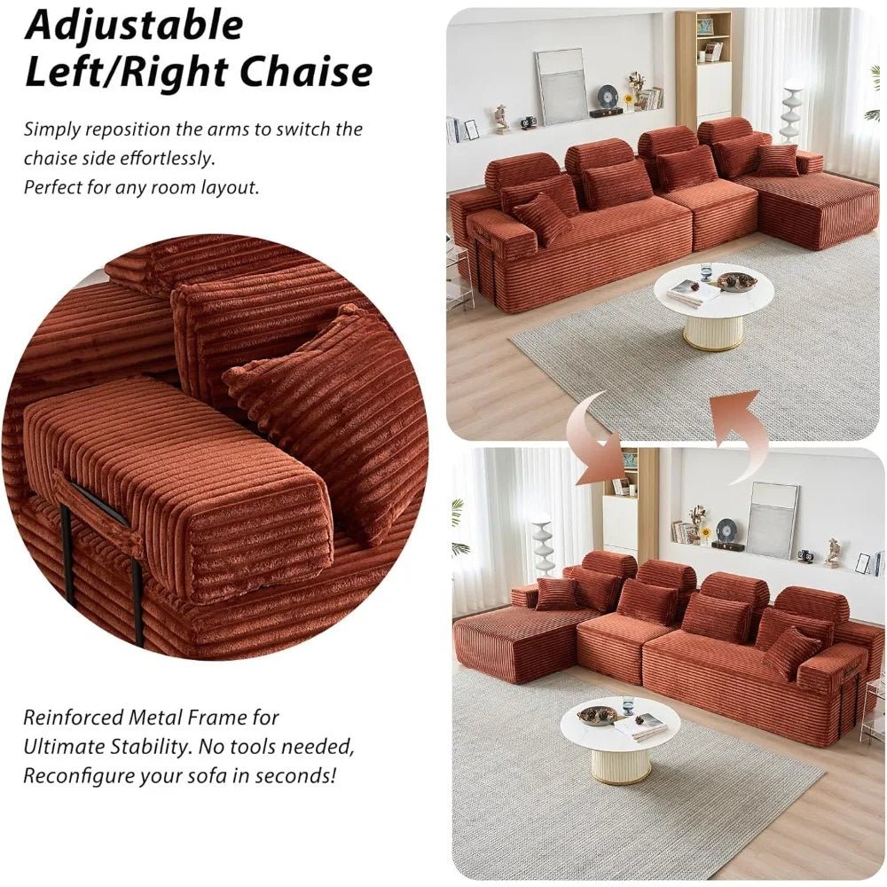 136-Inch Corduroy Modular Sectional Sofa - Reversible L-Shaped Cloud Couch - Velvet Haven