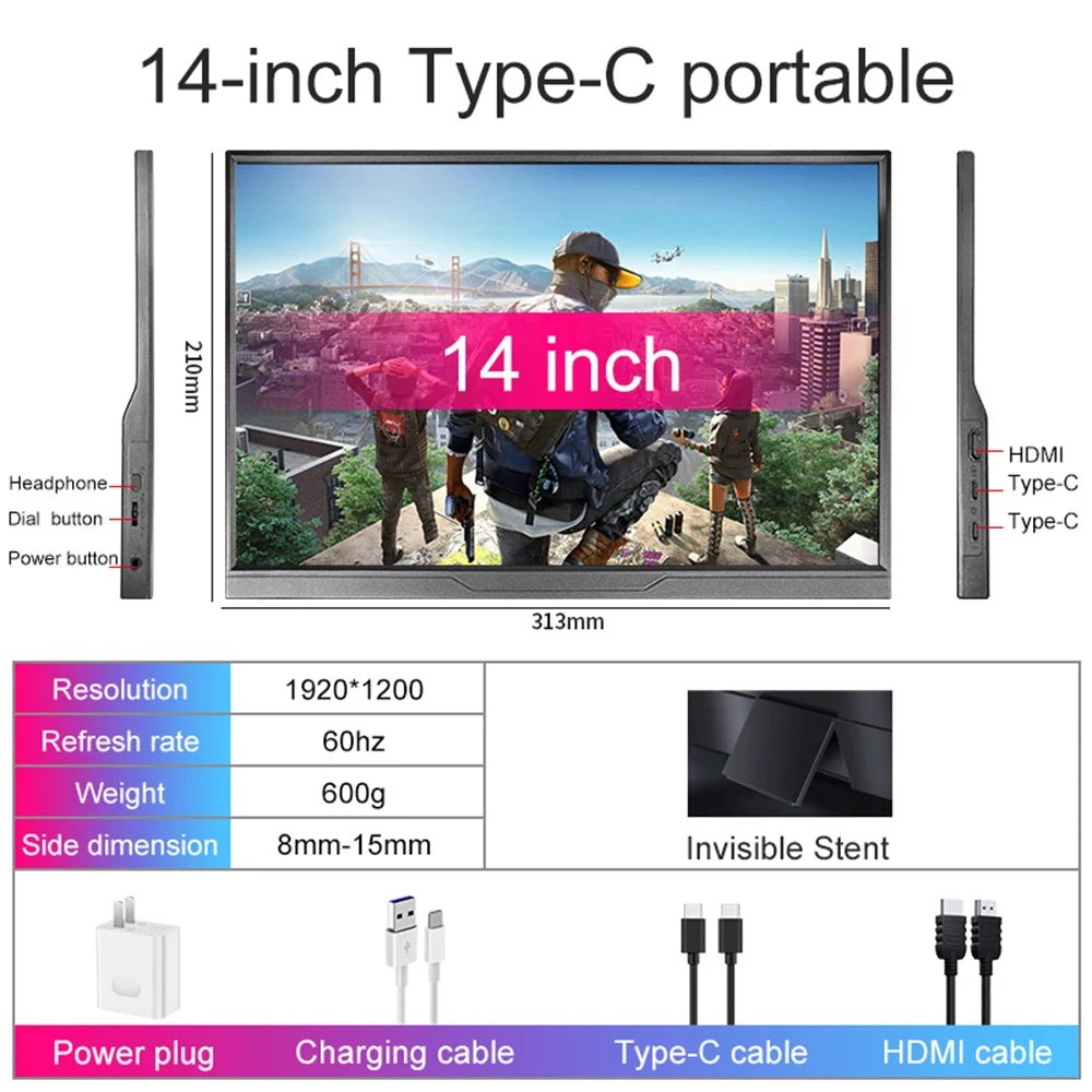 14inch Portable Monitor Touch Ultra-thin 1200P IPS USB-C HDMI External Second Screen for Laptop PC Cell Phone Switch PS4/5 Xbox - Velvet Haven