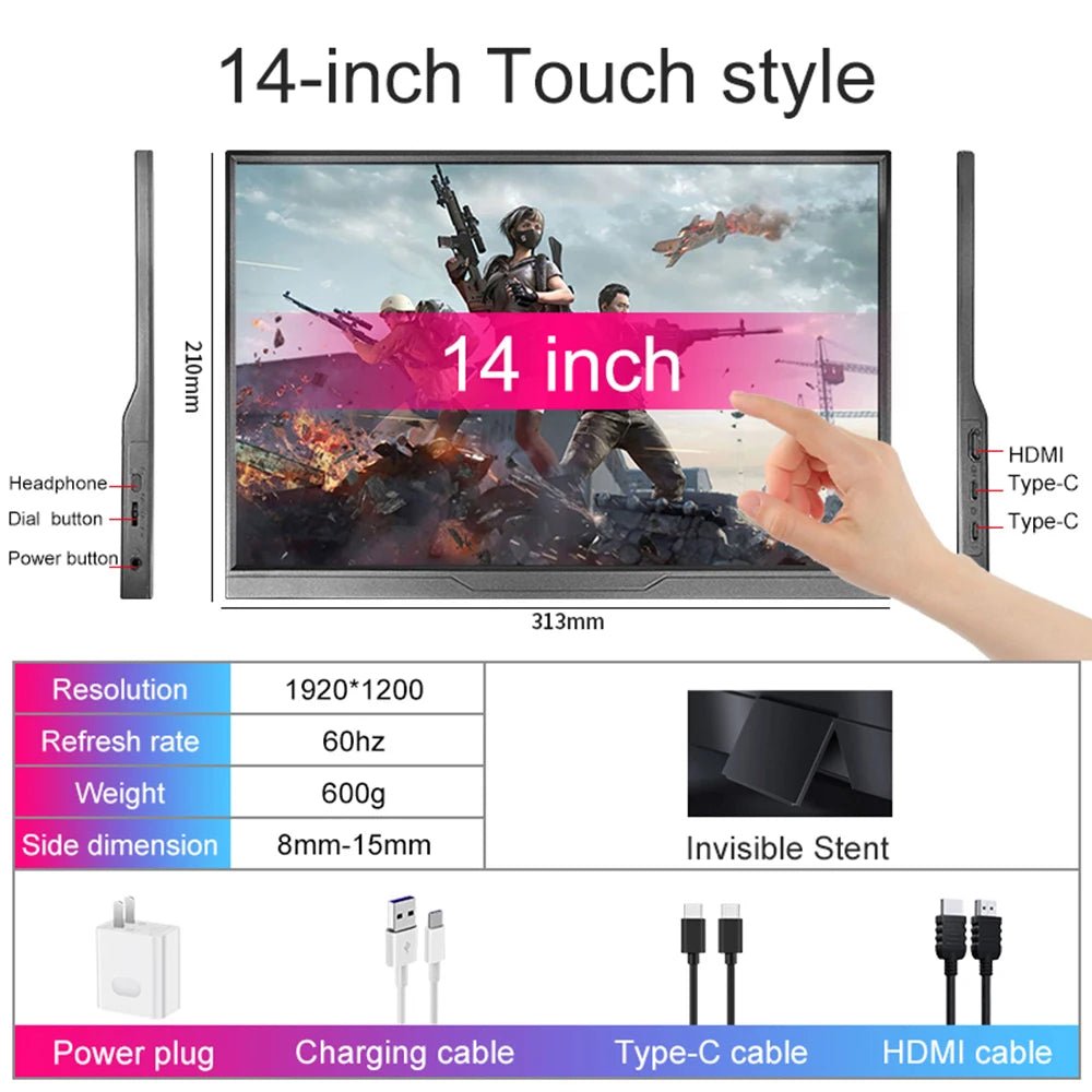 14inch Portable Monitor Touch Ultra-thin 1200P IPS USB-C HDMI External Second Screen for Laptop PC Cell Phone Switch PS4/5 Xbox - Velvet Haven