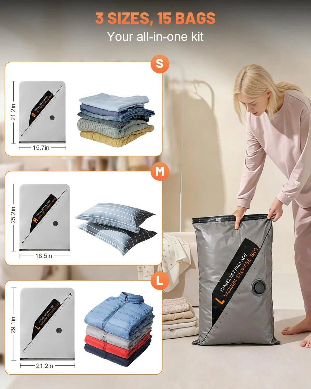 15 Pack Space Saver Vacuum Storage Bags with 6000Pa Wireless Air Pump for Clothes Comforters, 5 Jumbo+5 Medium+5 Small Storage B - Velvet Haven