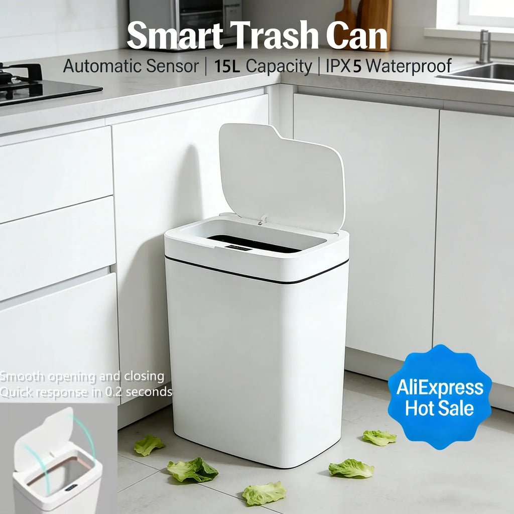 15L Non-Contact Smart Sensor Trash Can Automatic Electronic Trash Bin Eco-Friendly Bagged Bathroom Kitchen Smart Home Green - Velvet Haven