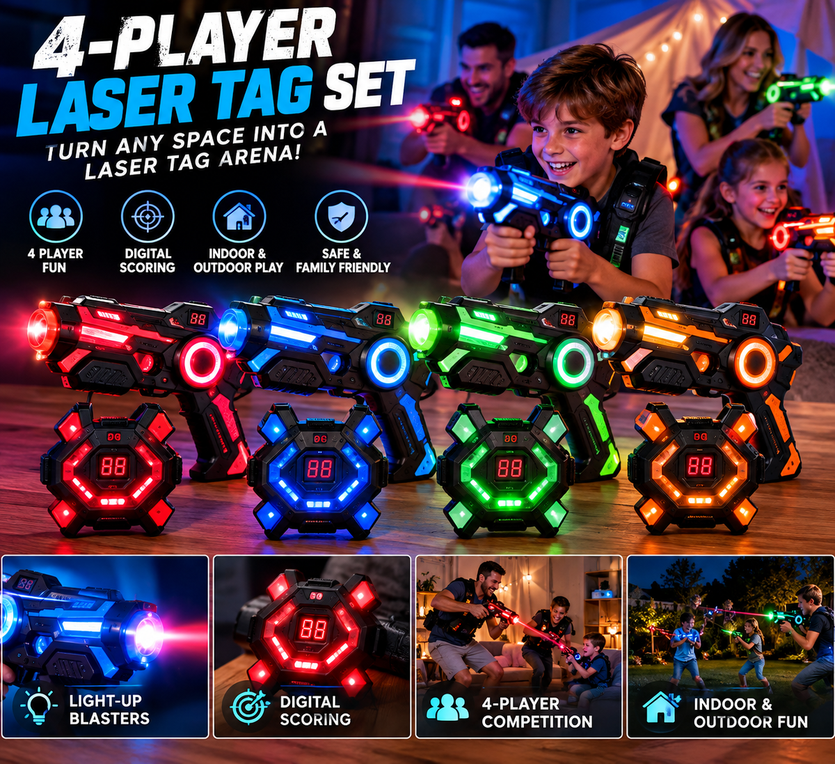 4-Player LED Laser Tag Set – Indoor & Outdoor Family Fun [Pre-Order]