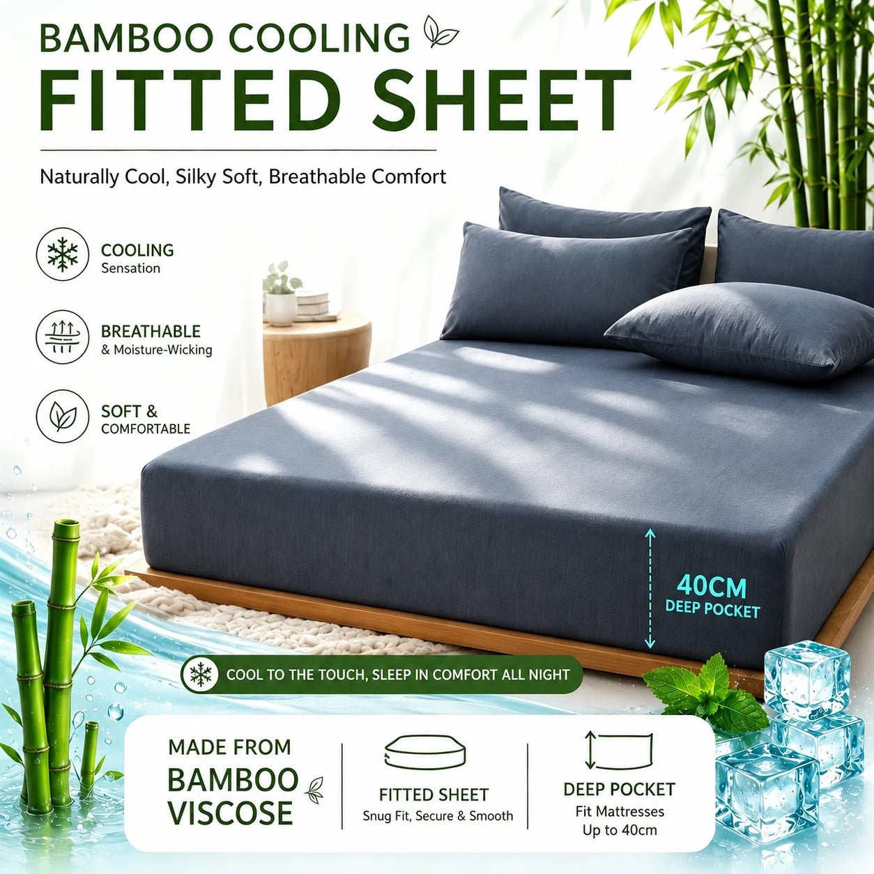 1pc Cooling Bamboo Fiber Fitted Sheet, 40% Bamboo Fiber + 60% Microfiber Breathable Mattress Cover with 40cm Deep Pockets - Velvet Haven