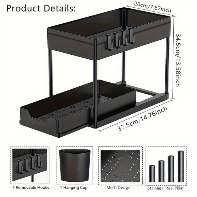 2 Tier Under Sink Organizer Sliding Cabinet Basket Storage Rack With Hooks Hanging Cup For Bathroom Kitchen - Velvet Haven