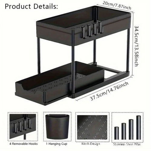 2 Tier Under Sink Organizer Sliding Cabinet Basket Storage Rack With Hooks Hanging Cup For Bathroom Kitchen - Velvet Haven
