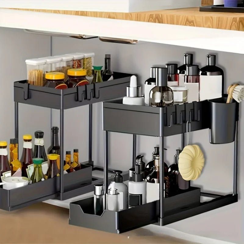 2 Tier Under Sink Organizer Sliding Cabinet Basket Storage Rack With Hooks Hanging Cup For Bathroom Kitchen - Velvet Haven