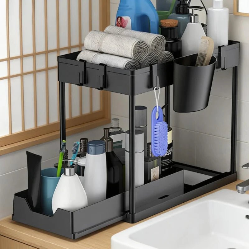 2 Tier Under Sink Organizer Sliding Cabinet Basket Storage Rack With Hooks Hanging Cup For Bathroom Kitchen - Velvet Haven