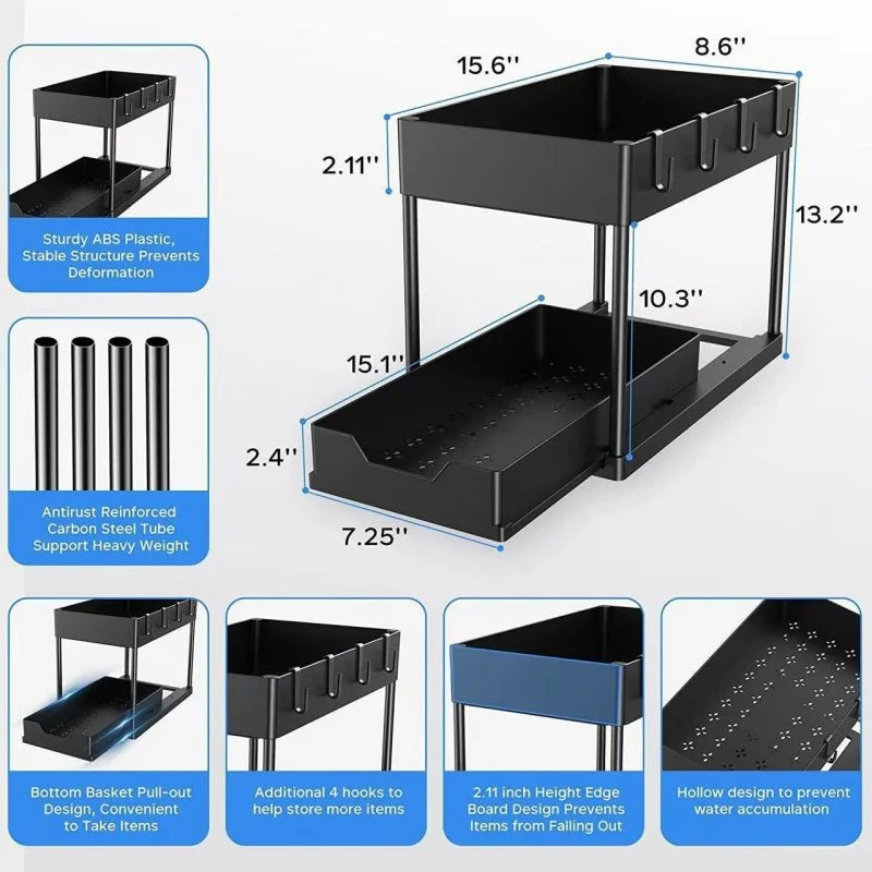 2 Tier Under Sink Organizer Sliding Cabinet Basket Storage Rack With Hooks Hanging Cup For Bathroom Kitchen - Velvet Haven