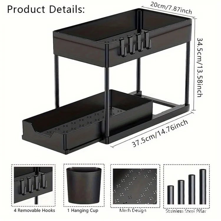 2 Tier Under Sink Organizer Sliding Cabinet Basket Storage Rack With Hooks Hanging Cup For Bathroom Kitchen - Velvet Haven