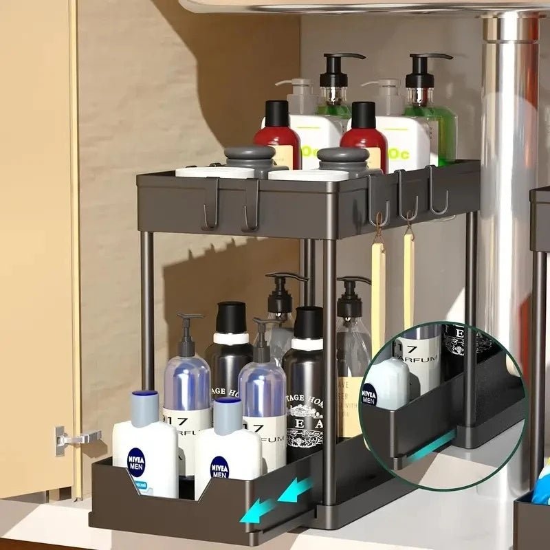 2 Tier Under Sink Organizer Sliding Cabinet Basket Storage Rack With Hooks Hanging Cup For Bathroom Kitchen - Velvet Haven