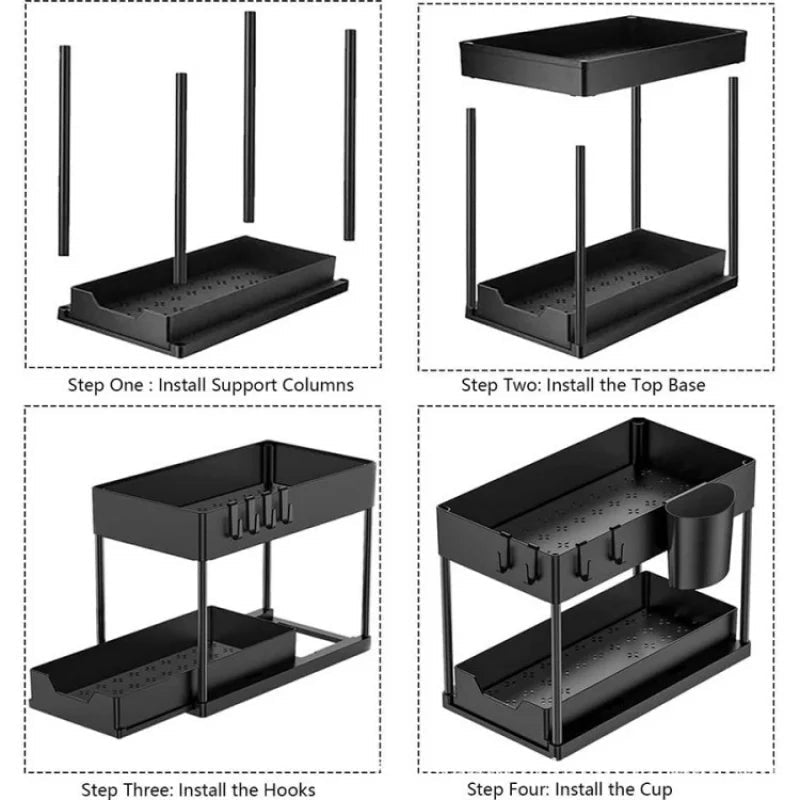 2 Tier Under Sink Organizer Sliding Cabinet Basket Storage Rack With Hooks Hanging Cup For Bathroom Kitchen - Velvet Haven