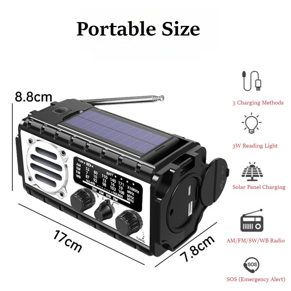 20000mAh Solar Hand Crank Emergency Radio with Flashlight, AM/FM/SW - Velvet Haven