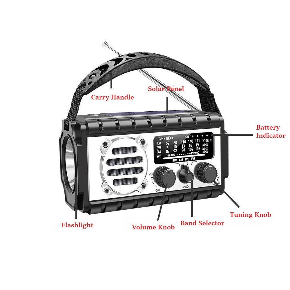 20000mAh Solar Hand Crank Emergency Radio with Flashlight, AM/FM/SW - Velvet Haven
