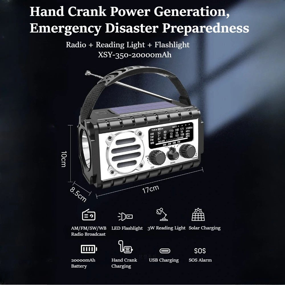 20000mAh Solar Hand Crank Emergency Radio with Flashlight, AM/FM/SW - Velvet Haven