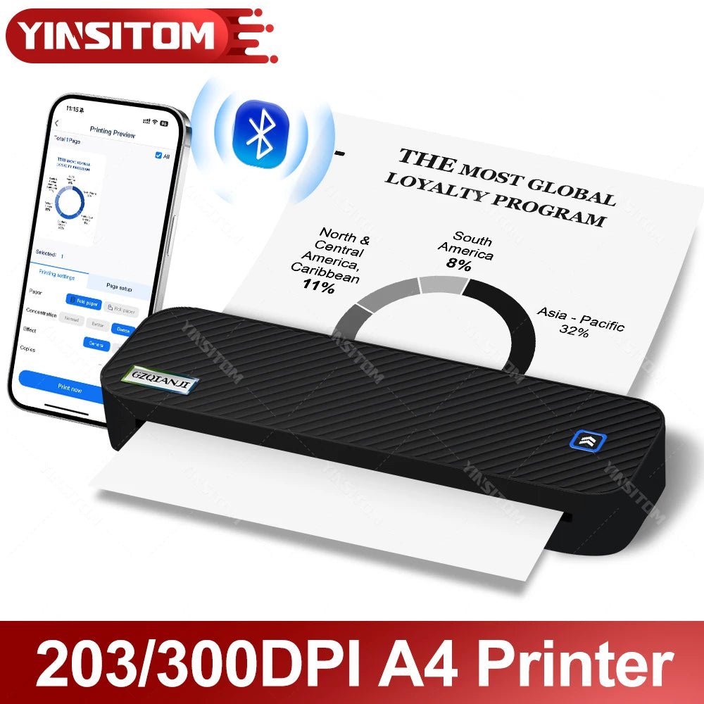 200/300dpi A4 Thermal Printer Mini Bluetooth Mobile Inkless Portable Wireless Maker Support Letter A4 Size Thermal Paper Machine - Velvet Haven