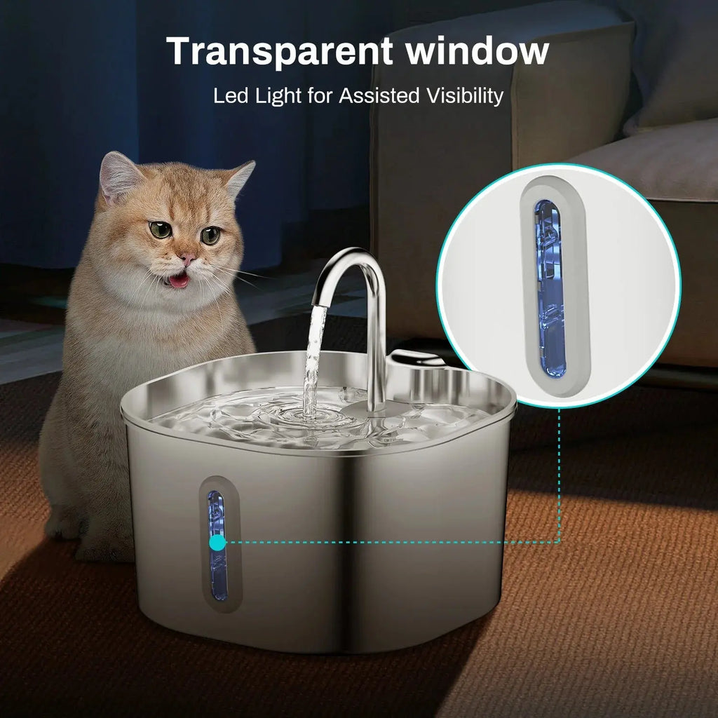 2.2L Automatic Cat Water Fountain Square Stainless Steel Pet Water Feeder Dog Water Fountain with Window（No 5V 1A Plug） - Velvet Haven