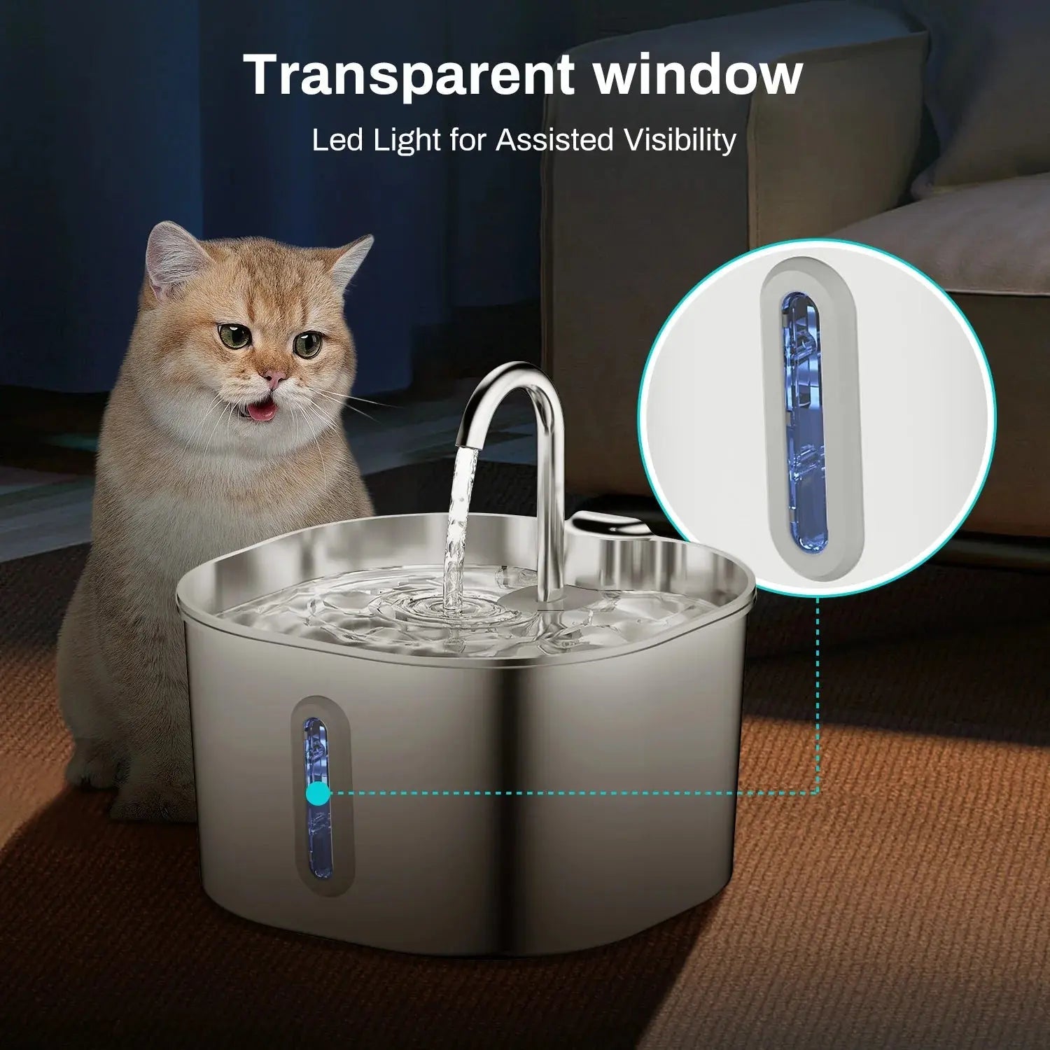 2.2L Automatic Cat Water Fountain Square Stainless Steel Pet Water Feeder Dog Water Fountain with Window（No 5V 1A Plug） - Velvet Haven