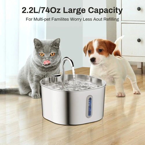 2.2L Automatic Cat Water Fountain Square Stainless Steel Pet Water Feeder Dog Water Fountain with Window（No 5V 1A Plug） - Velvet Haven