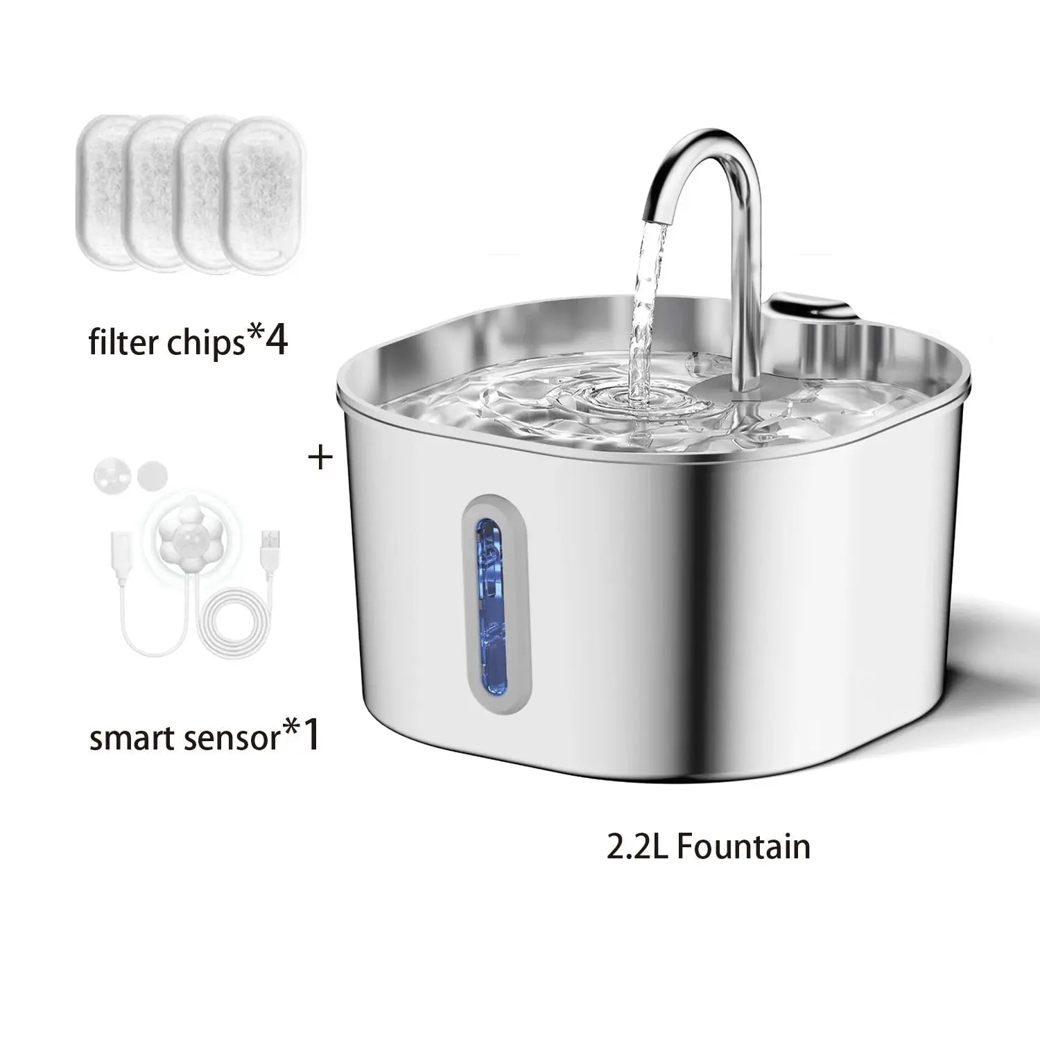 2.2L Automatic Cat Water Fountain Square Stainless Steel Pet Water Feeder Dog Water Fountain with Window（No 5V 1A Plug） - Velvet Haven