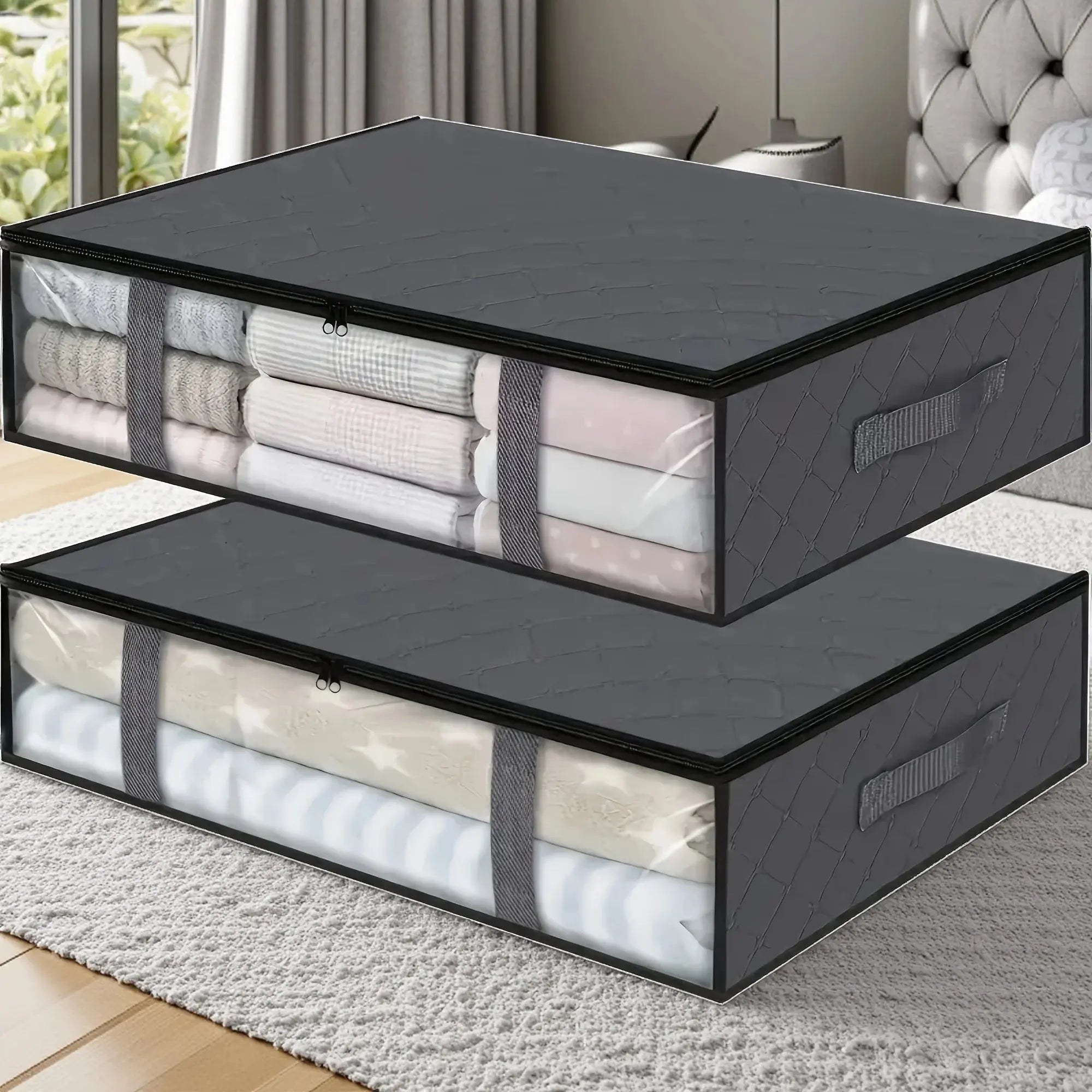 2pcs Large Under Bed Storage Bags Non-woven Clothes Organizer Clear Window Reinforced Handles for Comforters Blankets Bedding - Velvet Haven