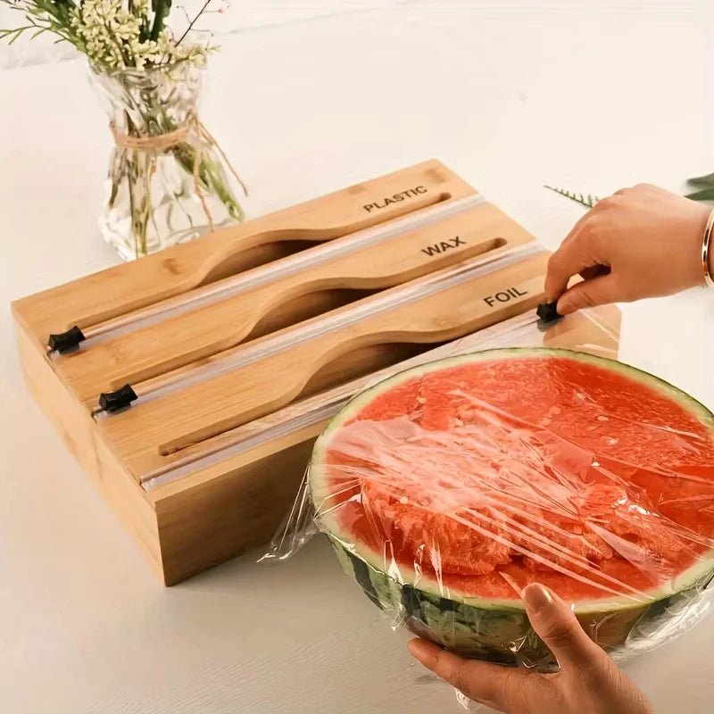 3-in-1 Bamboo Wrap Dispenser with Built-In Cutters & Labels - Velvet Haven