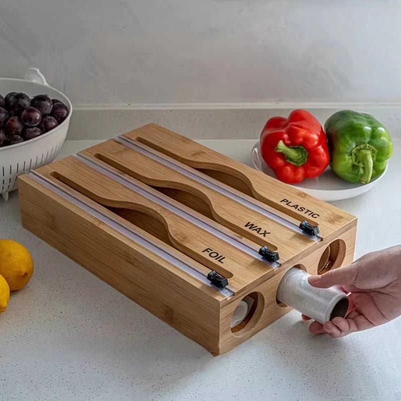 3-in-1 Bamboo Wrap Dispenser with Built-In Cutters & Labels - Velvet Haven