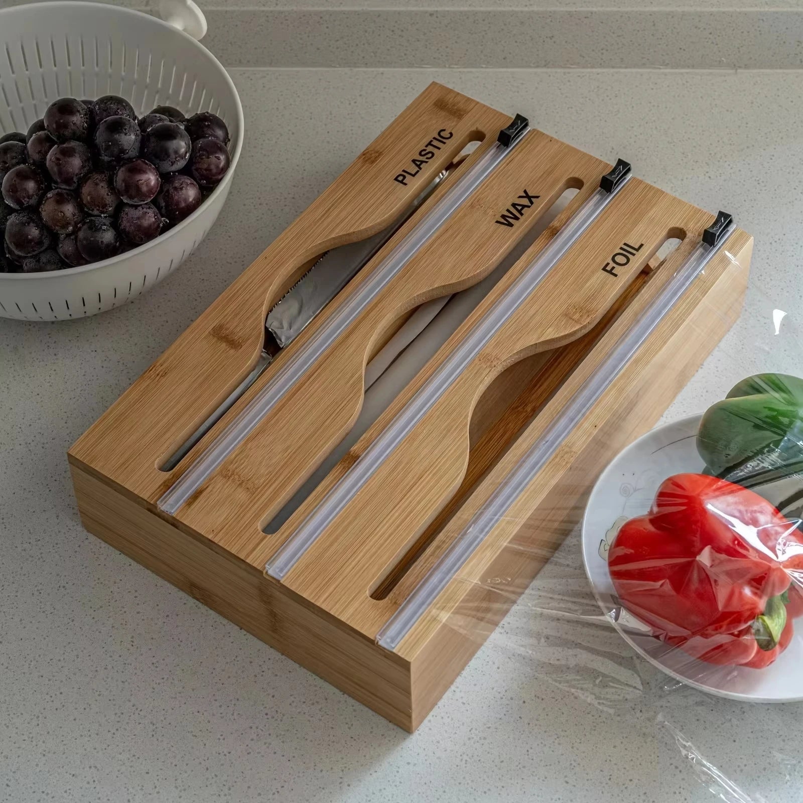 3-in-1 Bamboo Wrap Dispenser with Built-In Cutters & Labels - Velvet Haven