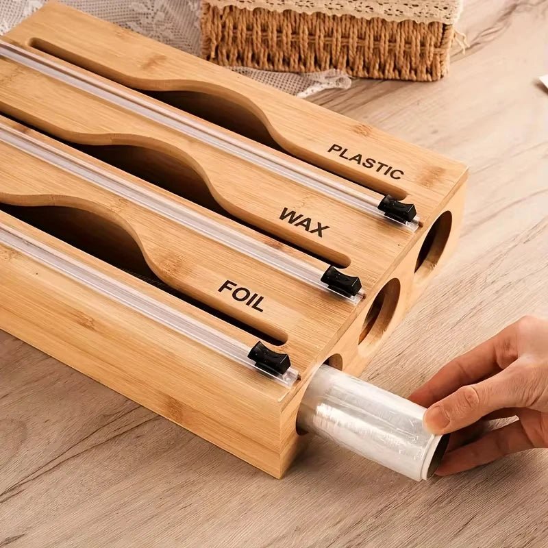 3-in-1 Bamboo Wrap Dispenser with Built-In Cutters & Labels - Velvet Haven