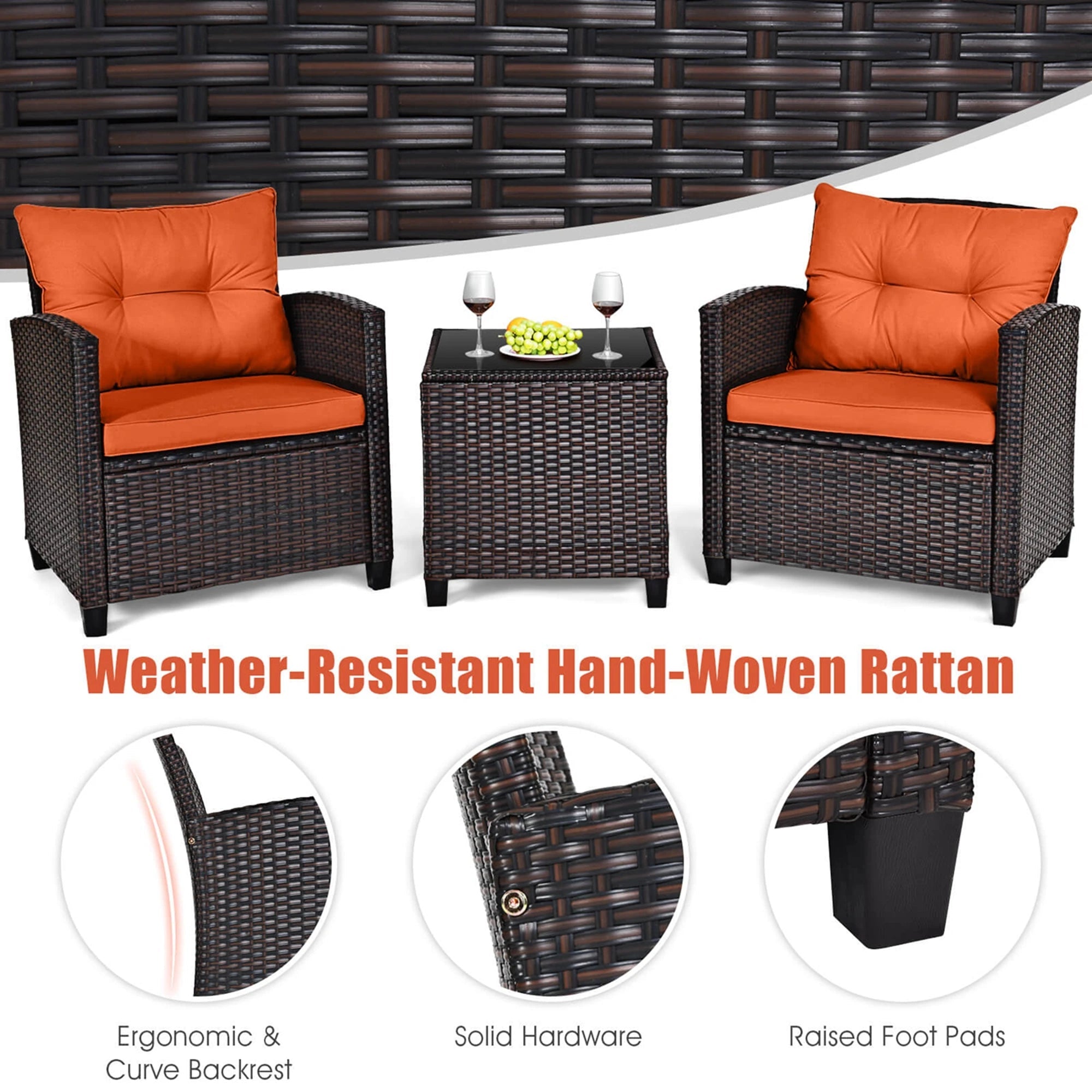 3-Piece Outdoor Rattan Patio Conversation Set with Orange Cushions - Velvet Haven