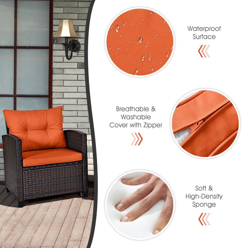 3-Piece Outdoor Rattan Patio Conversation Set with Orange Cushions - Velvet Haven