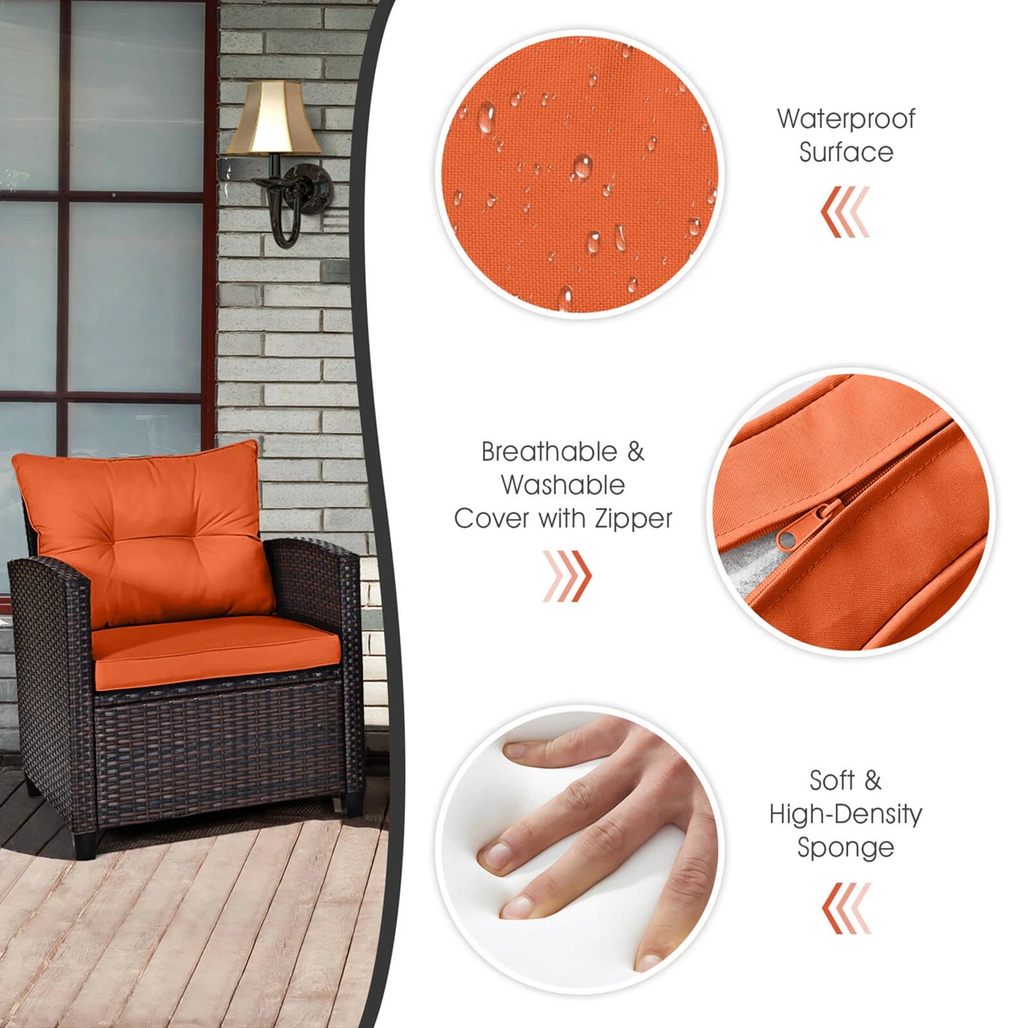 3-Piece Outdoor Rattan Patio Conversation Set with Orange Cushions - Velvet Haven