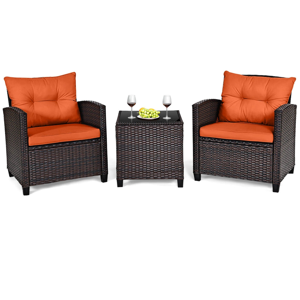 3-Piece Outdoor Rattan Patio Conversation Set with Orange Cushions - Velvet Haven