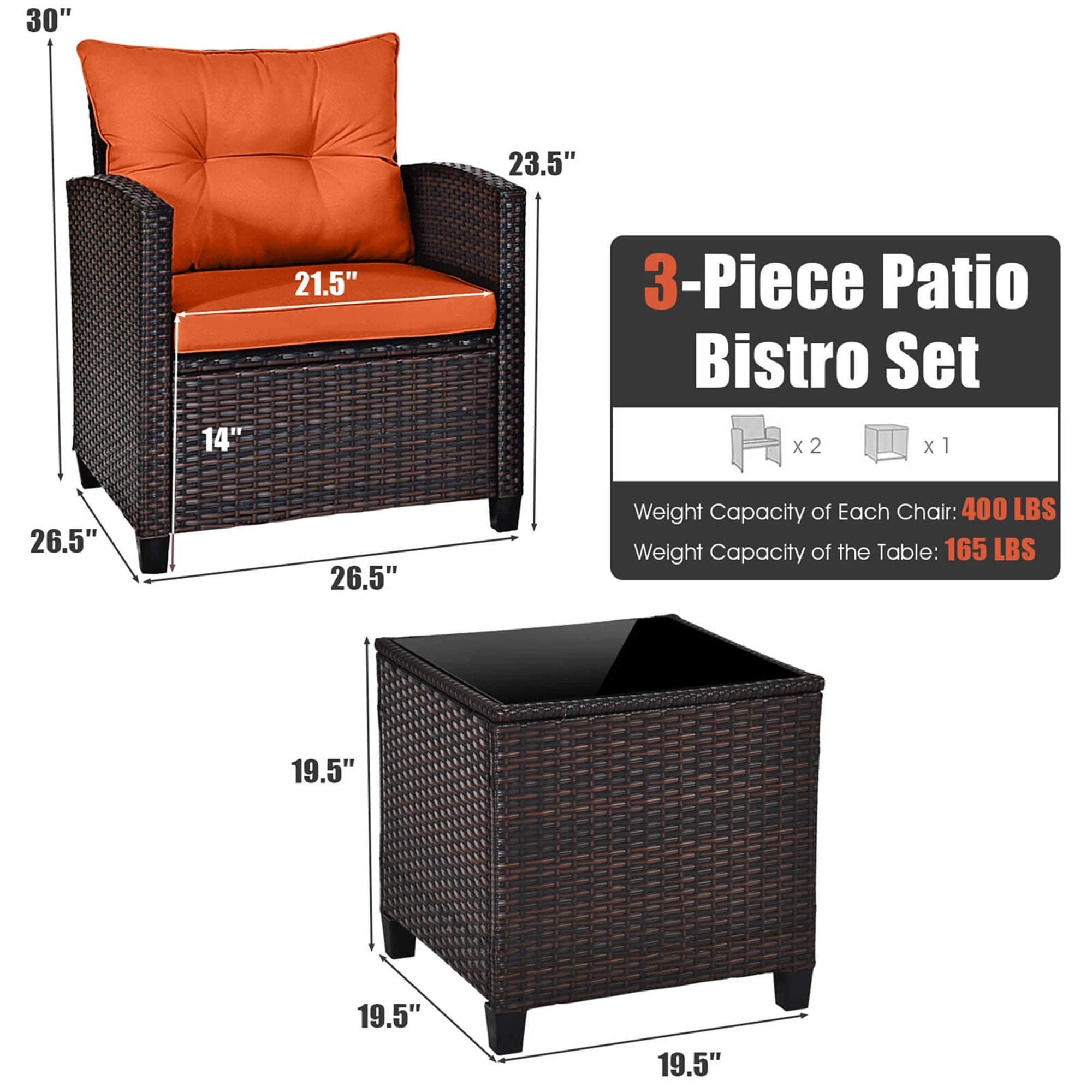 3-Piece Outdoor Rattan Patio Conversation Set with Orange Cushions - Velvet Haven
