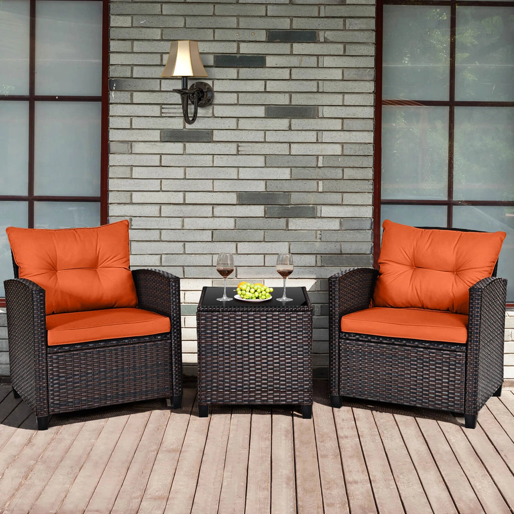 3-Piece Outdoor Rattan Patio Conversation Set with Orange Cushions - Velvet Haven