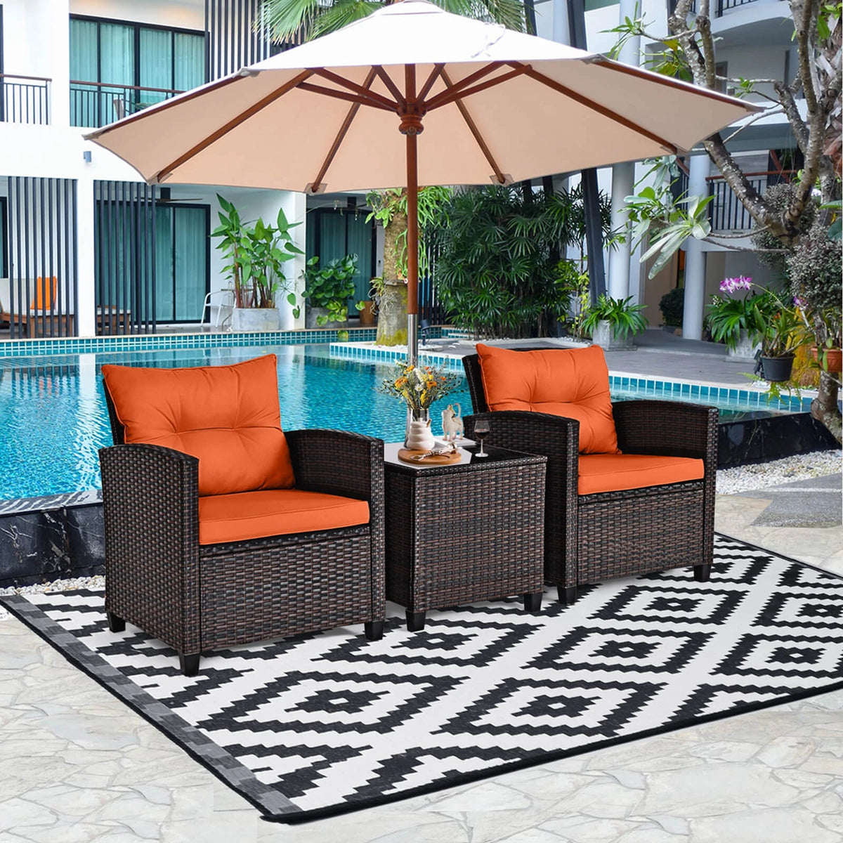 3-Piece Outdoor Rattan Patio Conversation Set with Orange Cushions - Velvet Haven