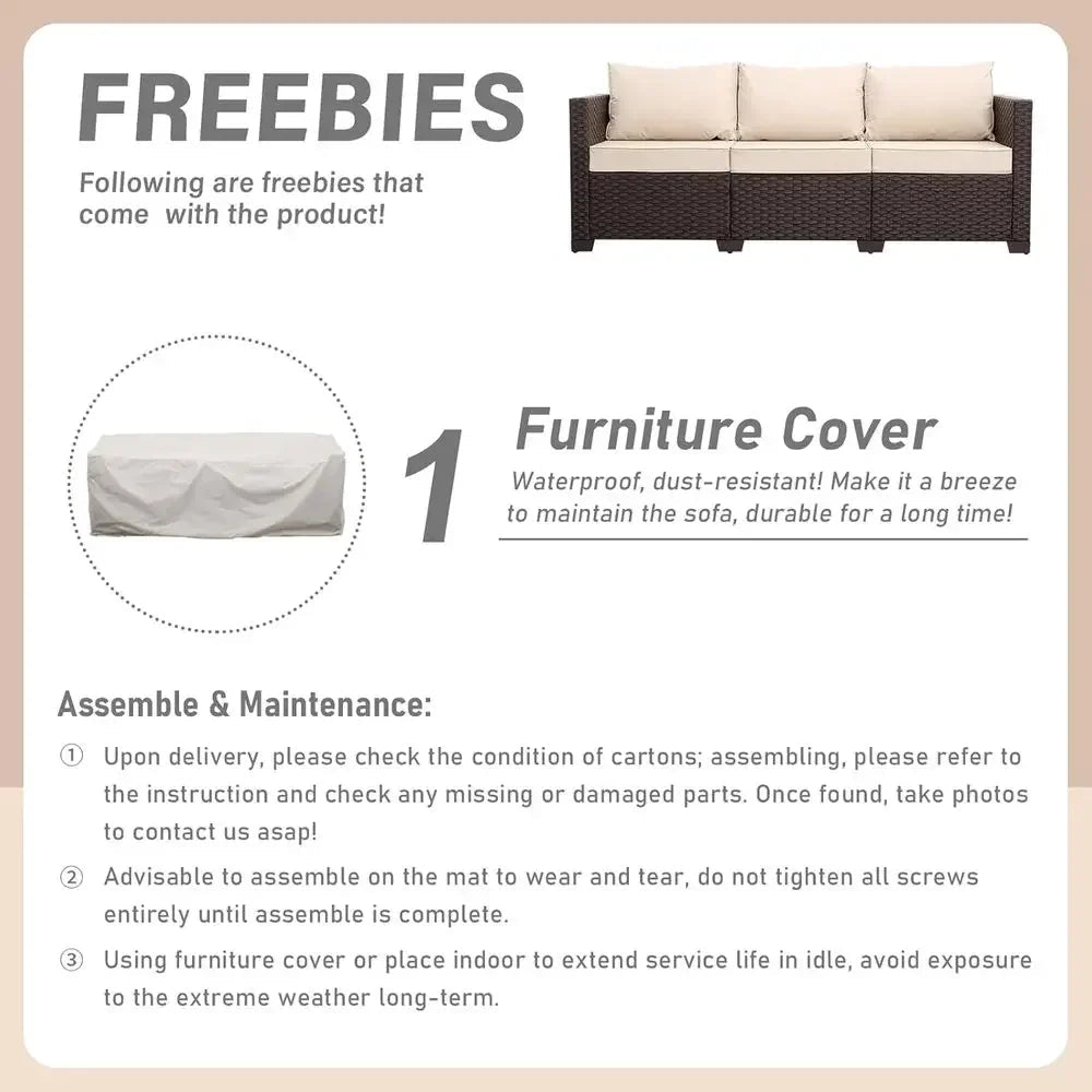 3-Seat Wicker Outdoor Sofa with Deep Seats, High Backrest, and Non-Slip Cushions in Khaki - Velvet Haven