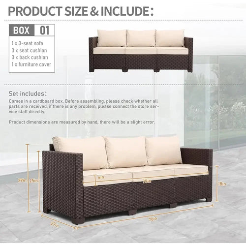 3-Seat Wicker Outdoor Sofa with Deep Seats, High Backrest, and Non-Slip Cushions in Khaki - Velvet Haven