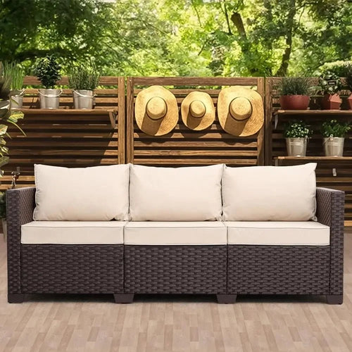 3-Seat Wicker Outdoor Sofa with Deep Seats, High Backrest, and Non-Slip Cushions in Khaki - Velvet Haven