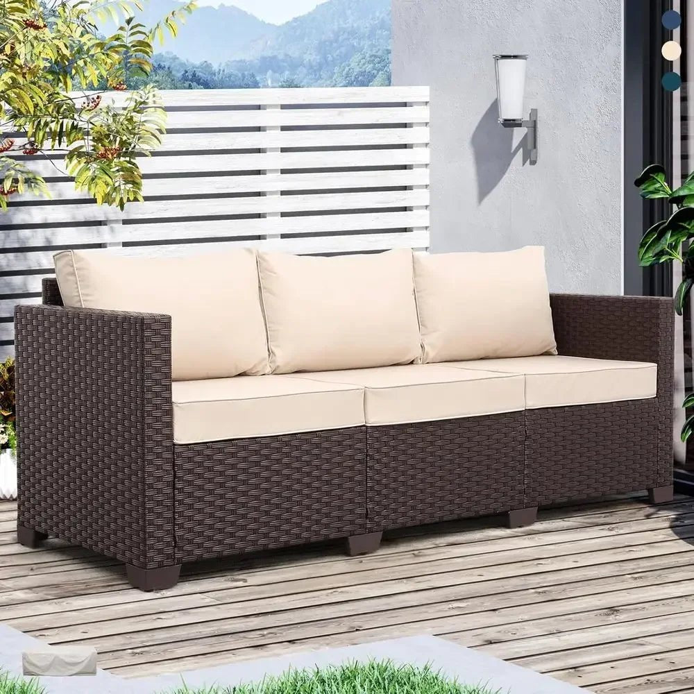 3-Seat Wicker Outdoor Sofa with Deep Seats, High Backrest, and Non-Slip Cushions in Khaki - Velvet Haven