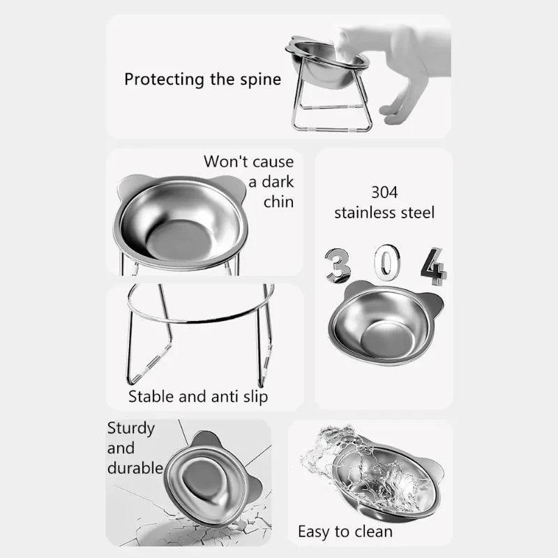 ‌304 Stainless Steel Raised Cat Bowl with 15° Elevated Design Tilted Neck Guard Healthy Feeding Shatterproof for Cats Puppies - Velvet Haven
