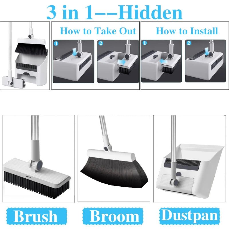 3in 1 Broom and Dustpan Set Floor Brush Long-handled Broom And Dustpan For Home Office School Dorm - Velvet Haven